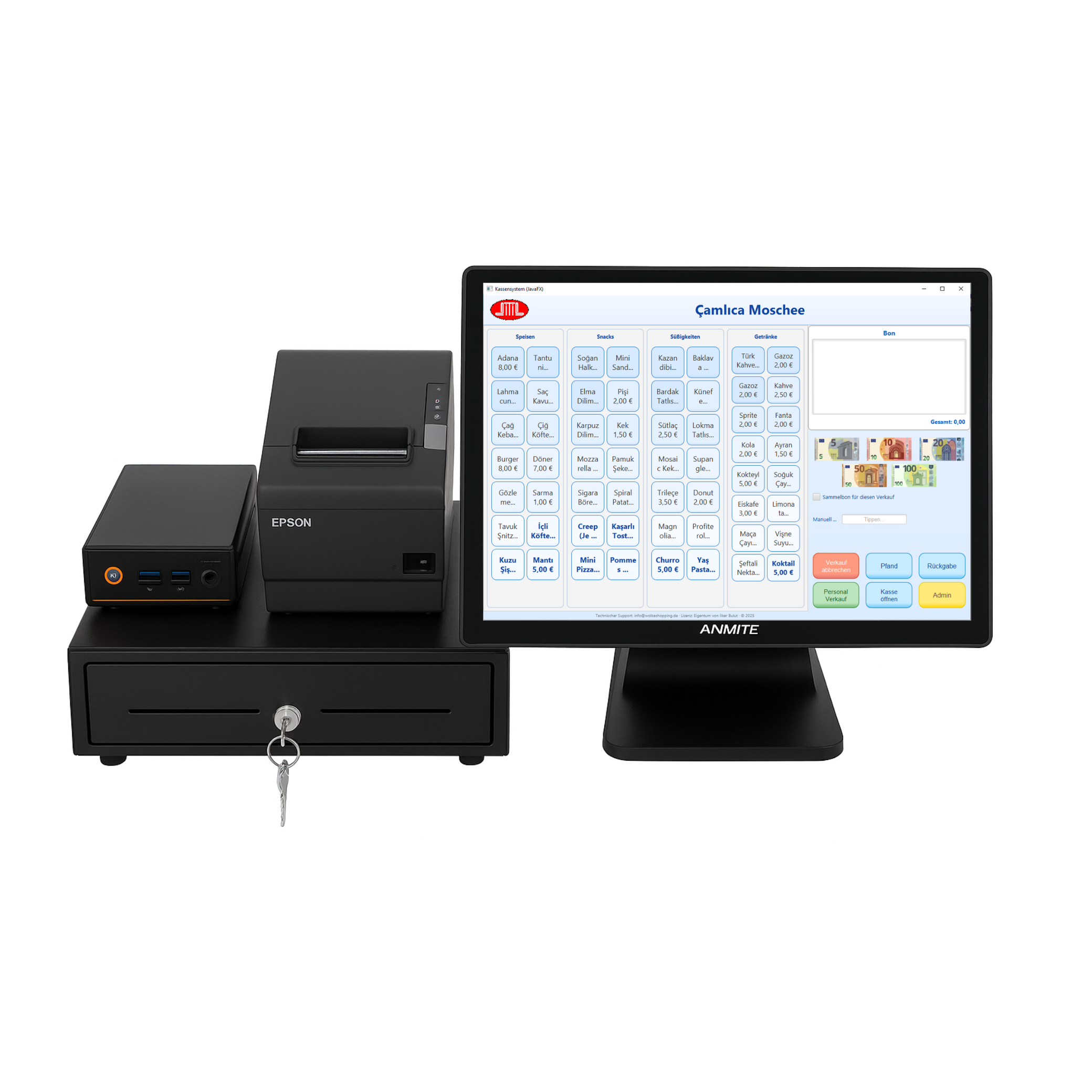 Komplettes POS-Set (5-teilig): Kassensoftware + Bondrucker + Kassenlade + Touchscreen + Mini-PC