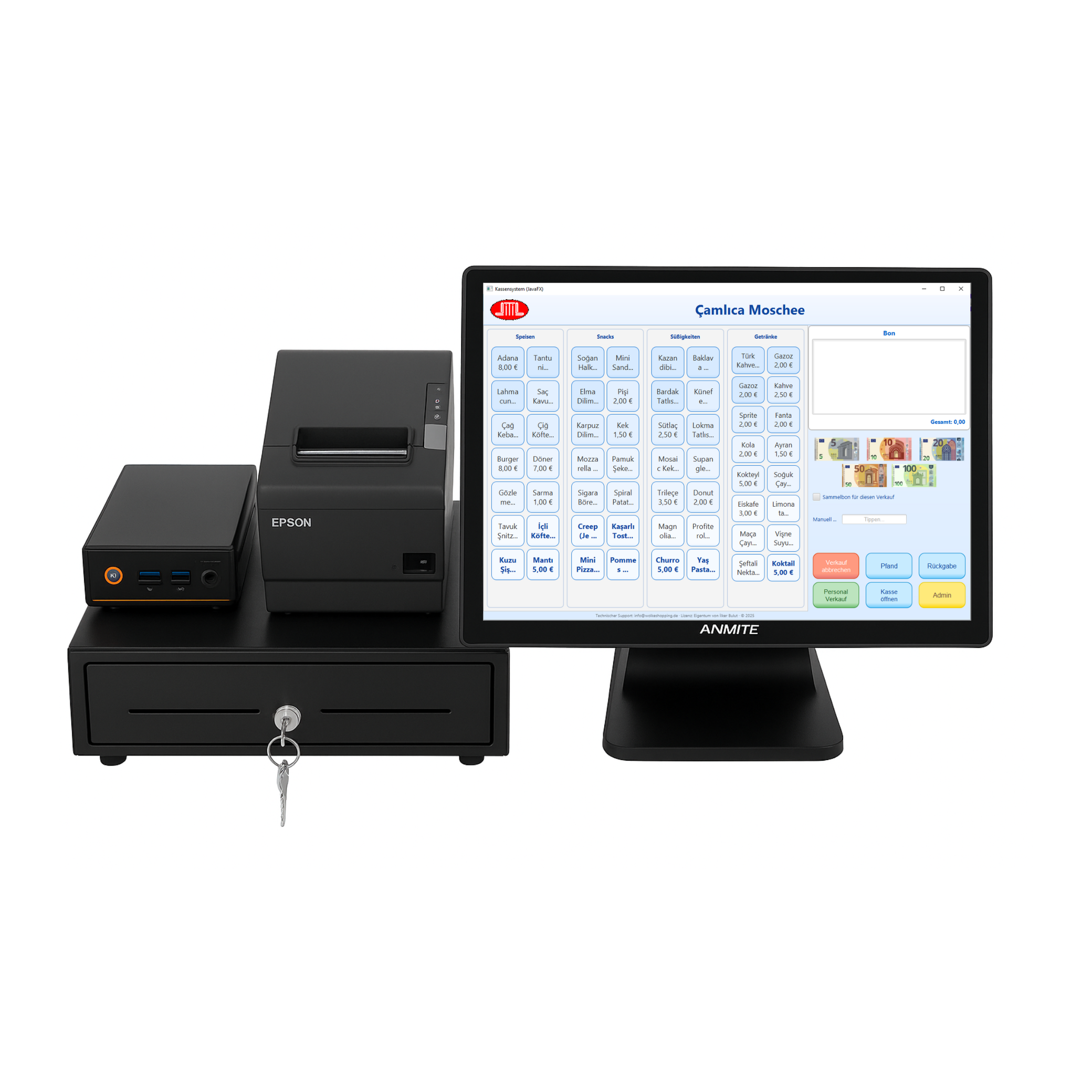 Komplettes POS-Set (5-teilig): Kassensoftware + Bondrucker + Kassenlade + Touchscreen + Mini-PC
